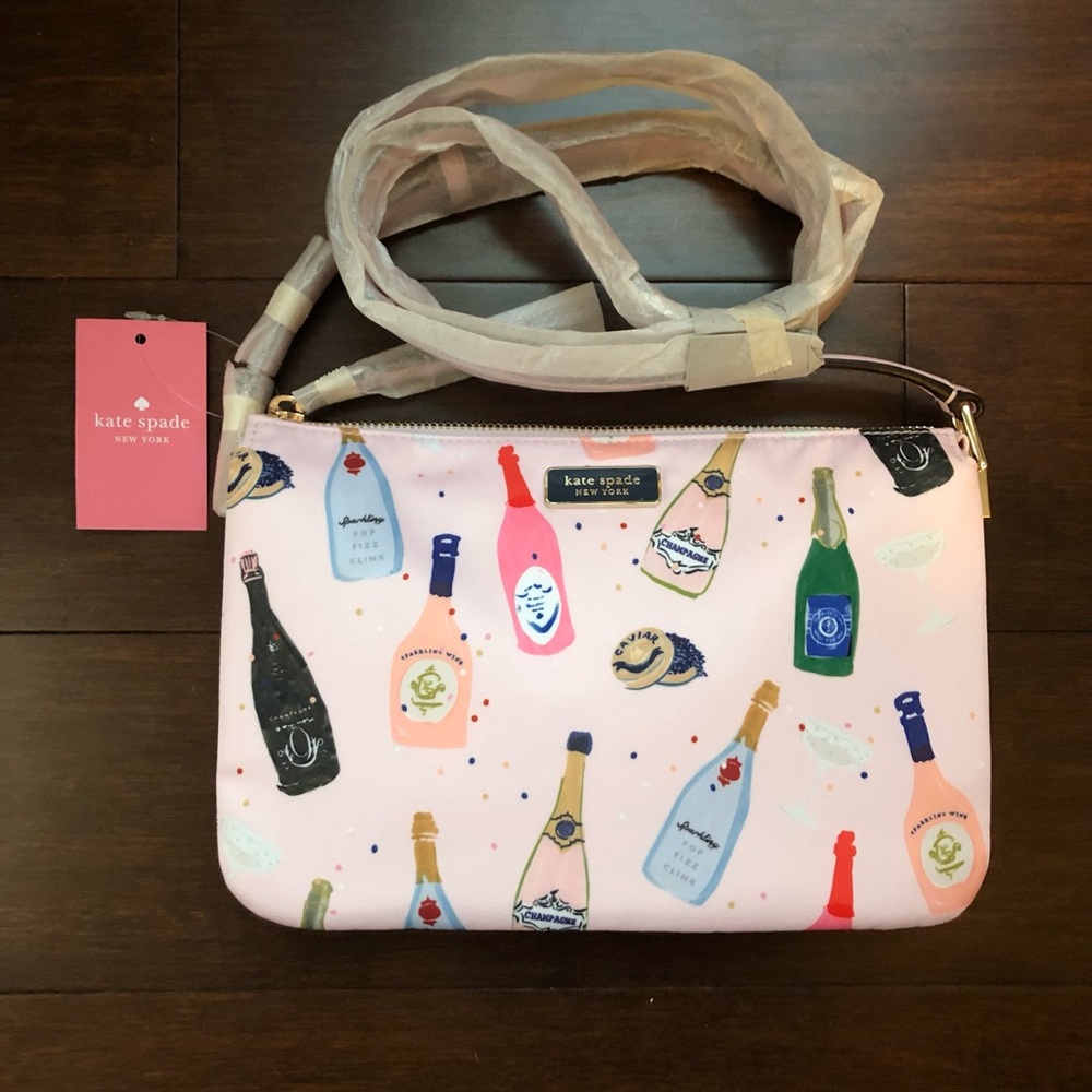 NWT Kate Spade Triple Gusset Crossbody Bag Champagne Bottle Pattern